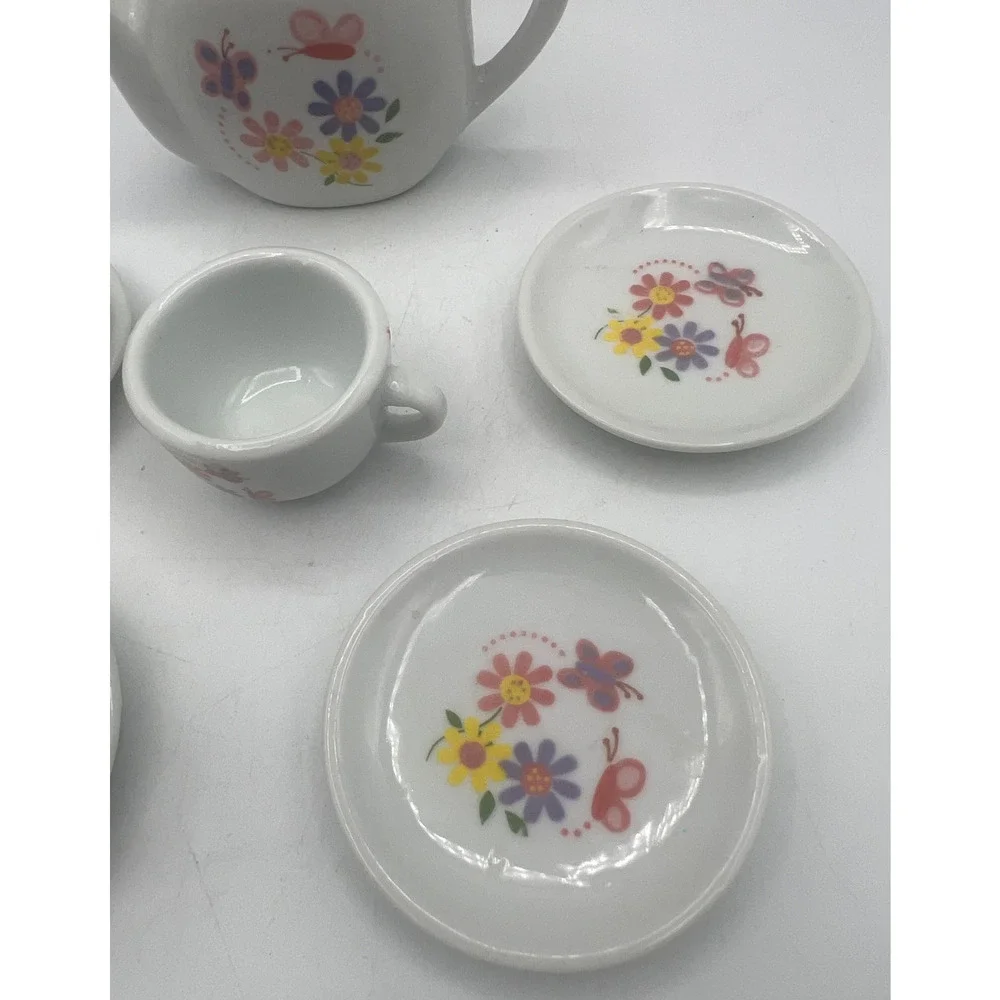 Miniature White Porcelain Tea Set Floral Dollhouse Teapot Cups Saucers 10 Piece